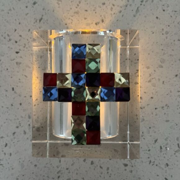 Oleg Cassini Cathedral Mosaic 2 3/4" Crystal Box Cross Vintage Tea Light - Picture 1 of 8